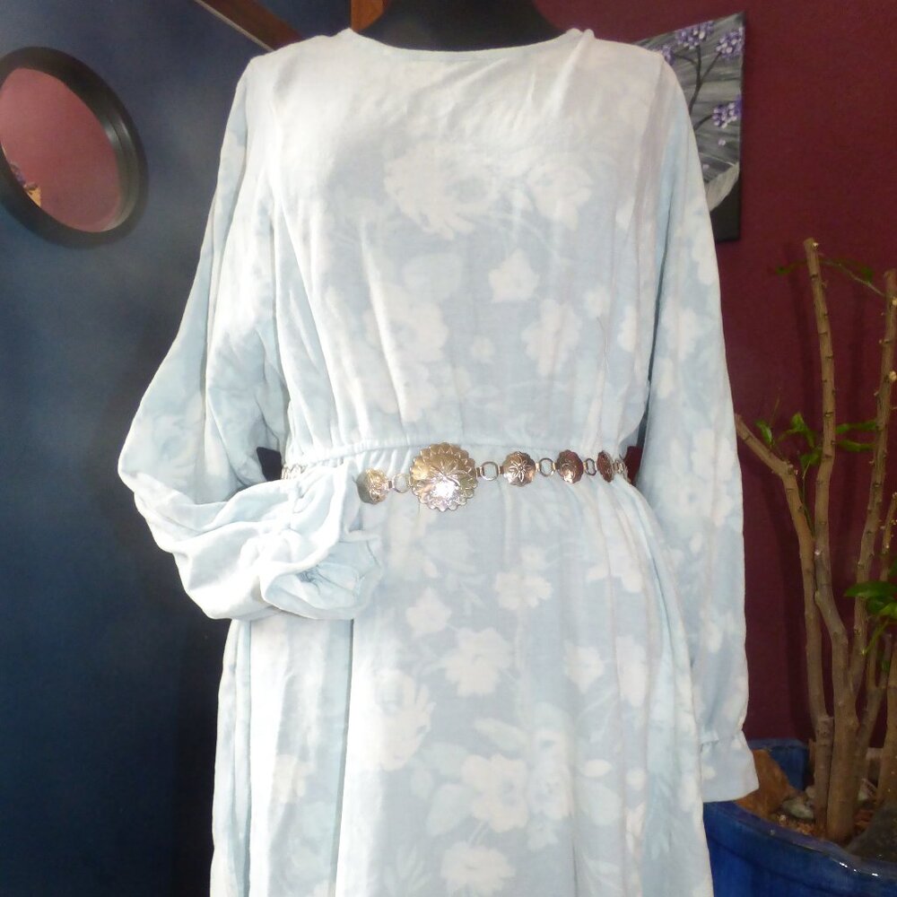 QUIRKY AMERICAN RAG GOTH BOHO LIGHT BLUE FLORAL LONG SLEEVE SKATER MINI DRESS XL
